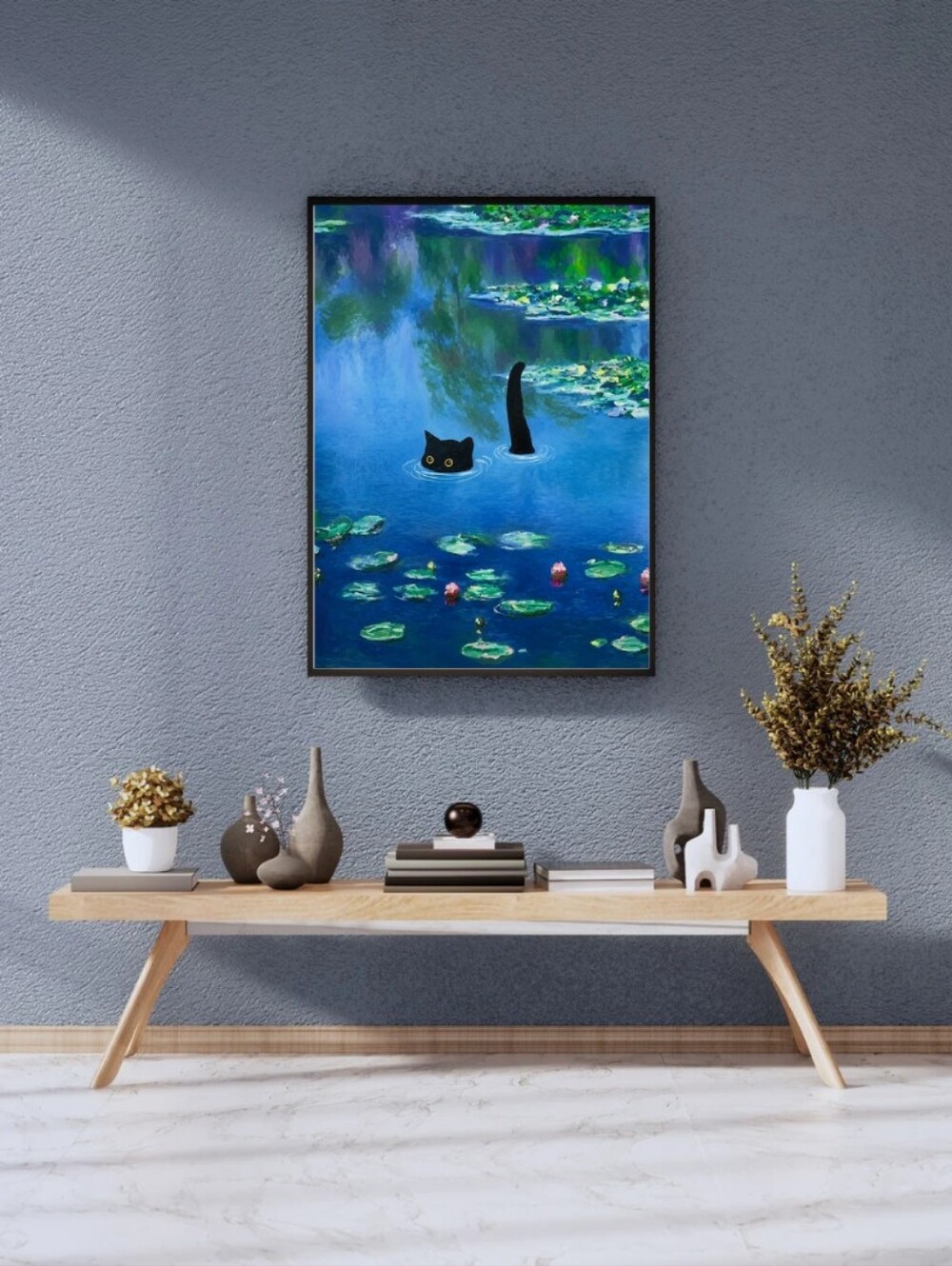 Blue Cat in Pond Wall Art Print 8.5x11